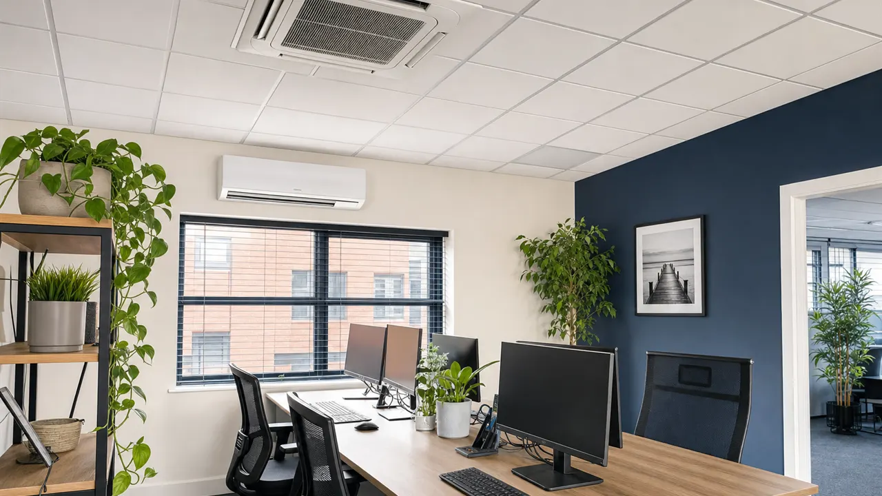 Open-plan office with ceiling cassette and wall-mounted air conditioning