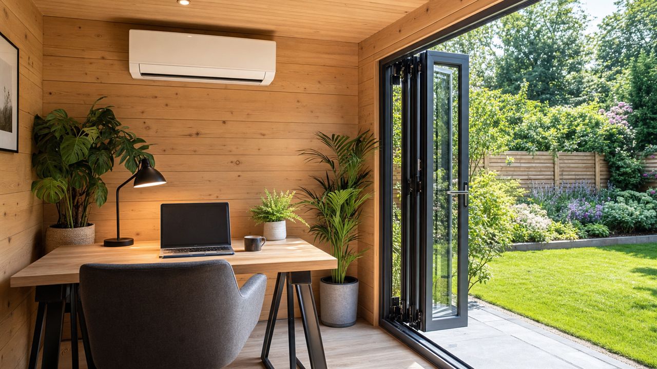 Garden room office with an air conditioning unit near the ceiling