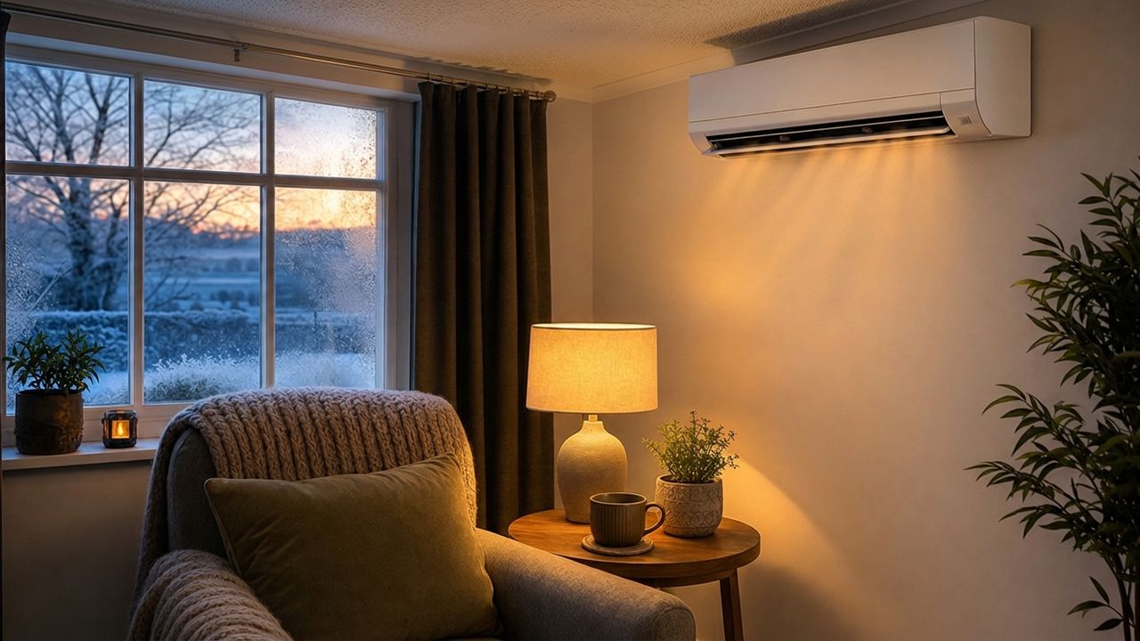 Warm living room on a winter evening with an air conditioner heating the room