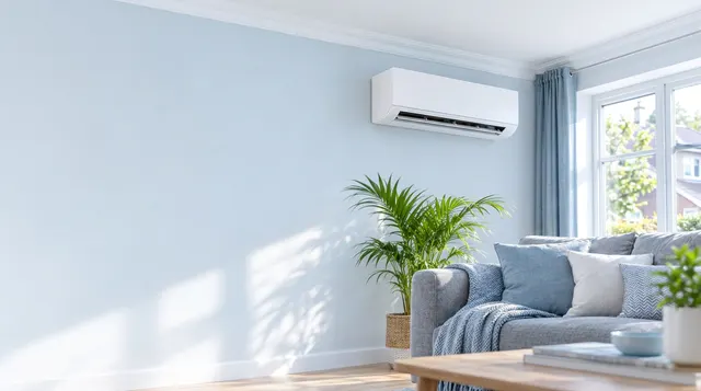 Living room with a wall-mounted air conditioner below the ceiling