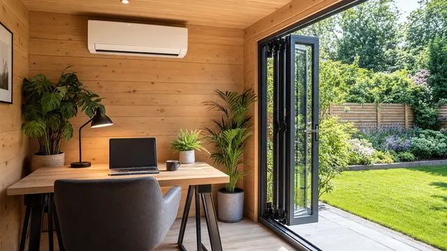 Garden room office with an air conditioning unit near the ceiling