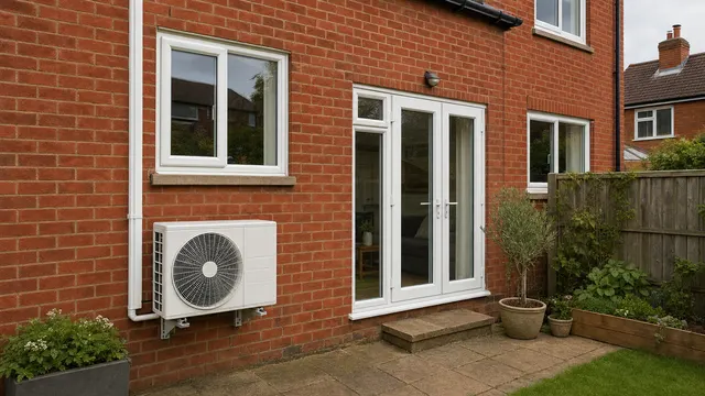 Outdoor air conditioning unit mounted on the brick wall of a house